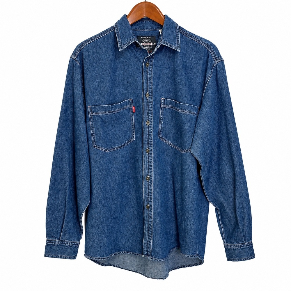 Bugle Boy Gold Crest Millennium Series Denim Shirt Mens Medium Blue Long Sleeve